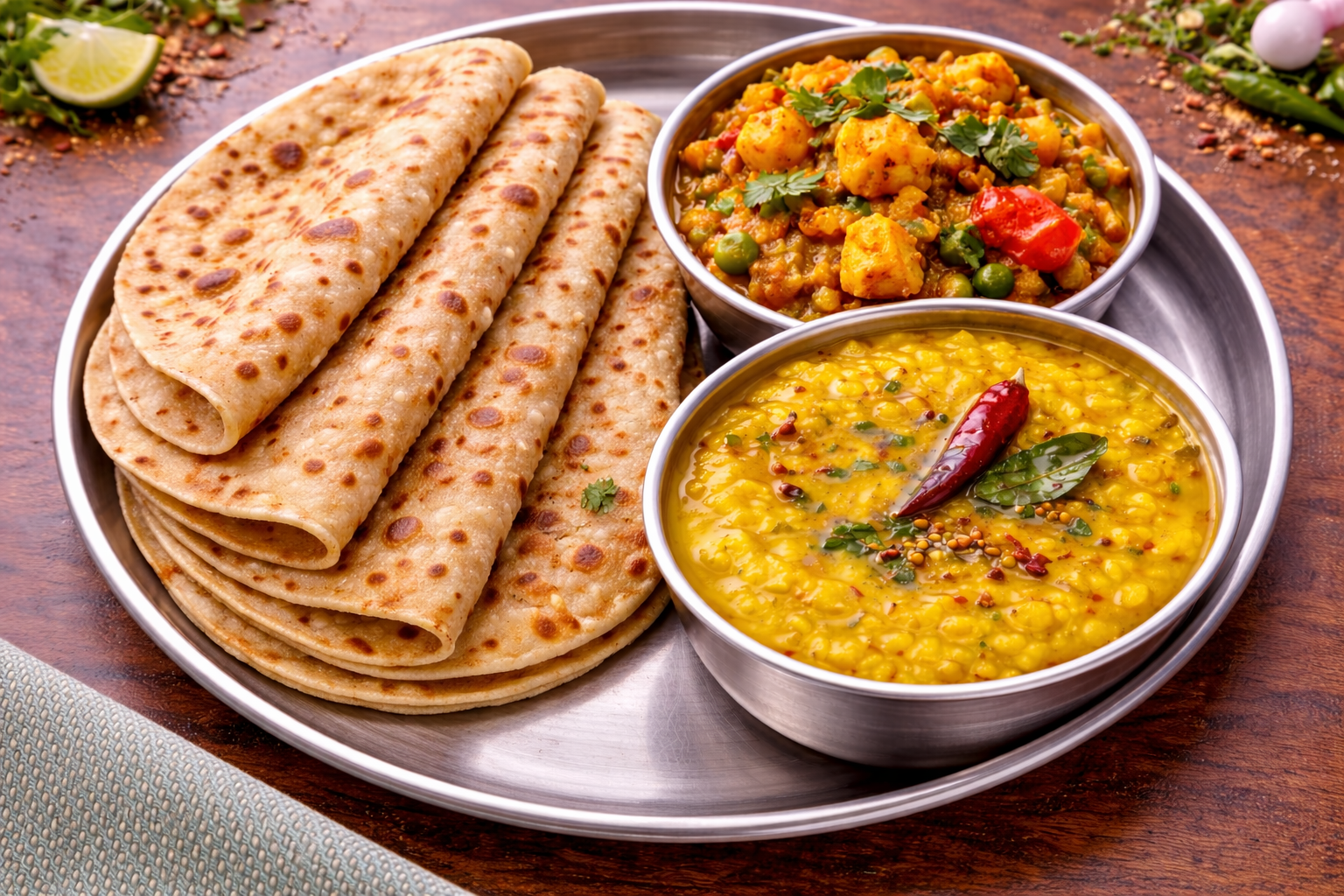 4 Tawa roti with sabji and yellow dal