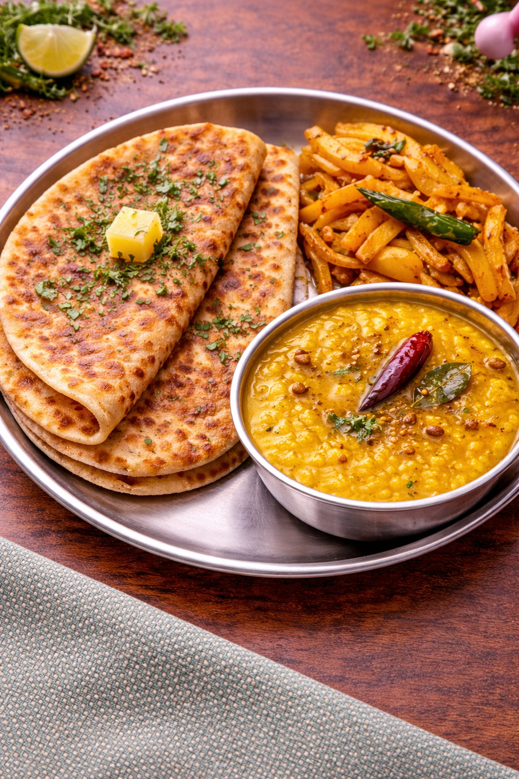 2 atta prantha and aloo bhujia and yellow dal