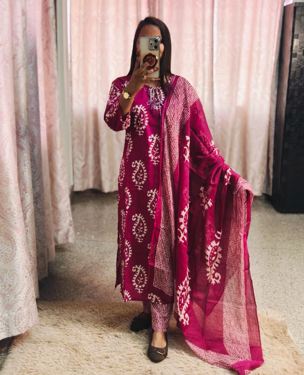 Pure cotton 3 pcs set. Kurti pant dupatta